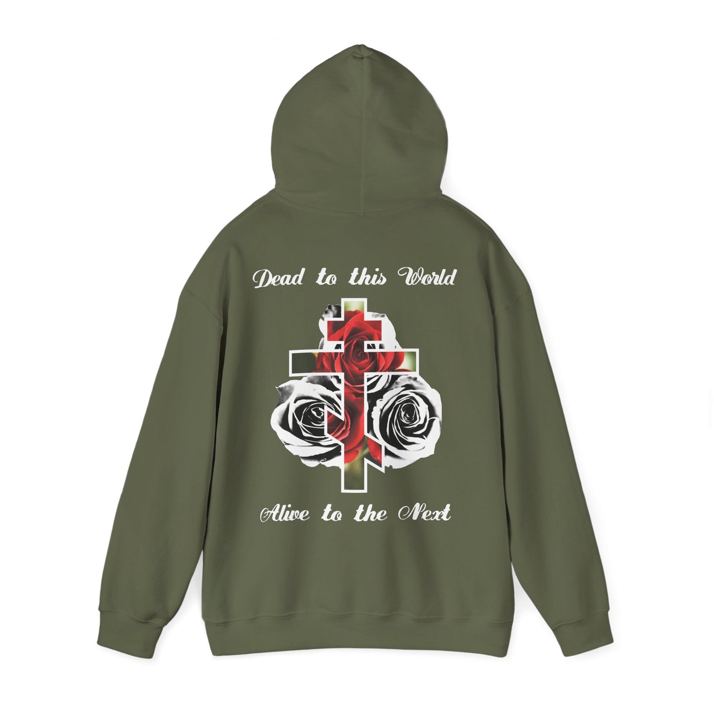 Dead to This World Alive to the Next Orthodox Cross & Gothic Rose BACK PRINT w/ Embroidered White Cross on Front Left Breast | Christian Hoodie
