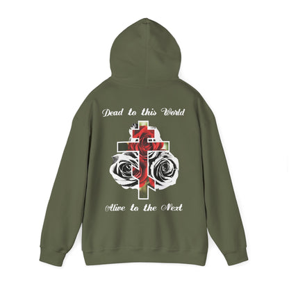 Dead to This World Alive to the Next Orthodox Cross & Gothic Rose BACK PRINT w/ Embroidered White Cross on Front Left Breast | Christian Hoodie