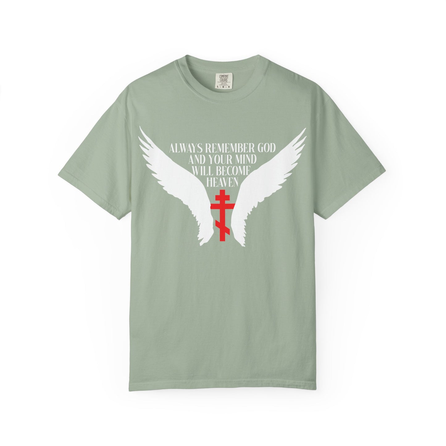 Bay colored heavyweight cotton unisex tee featuring an Orthodox cross, angel wings, and the message: “Always remember God and your mind will become heaven,” inspired by St Neilos the Ascetic.