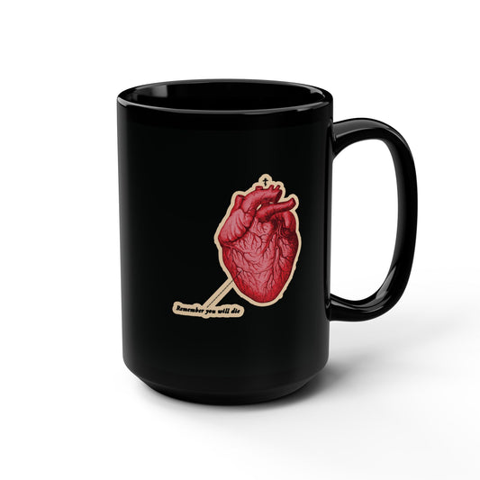 Remember You Will Die | Retro Medical Textbook Heart Design | Orthodox Cross | Memento Mori | It's Later Than You Think | Christian Black Mug