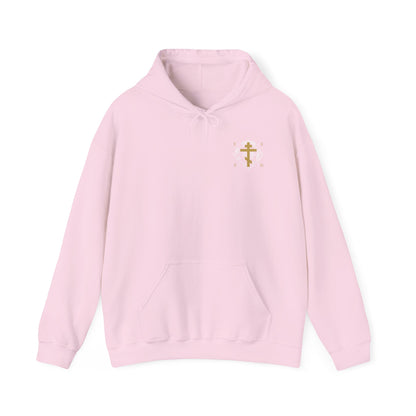 Gold Orthodox Cross ICXC NIKA  (Small Design) | White Medieval Ornate Floral Pattern | Jesus Christ Conquers | Christian Hoodie