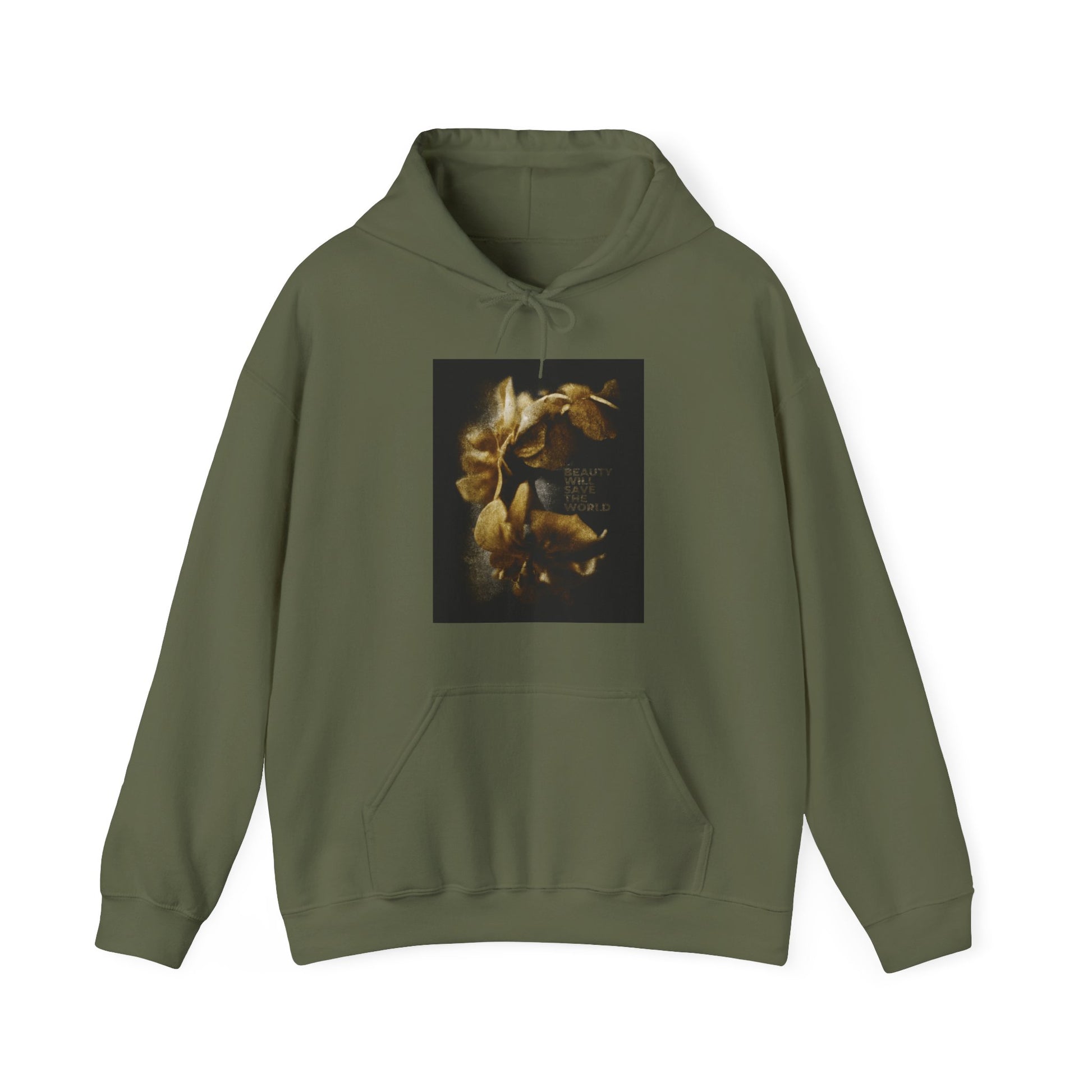 Military green hoodie featuring a front graphic inspired by Dostoevsky's "Beauty Will Save the World," with golden mushrooms and subtle text, celebrating Jesus Christ as Universal Creator & King.