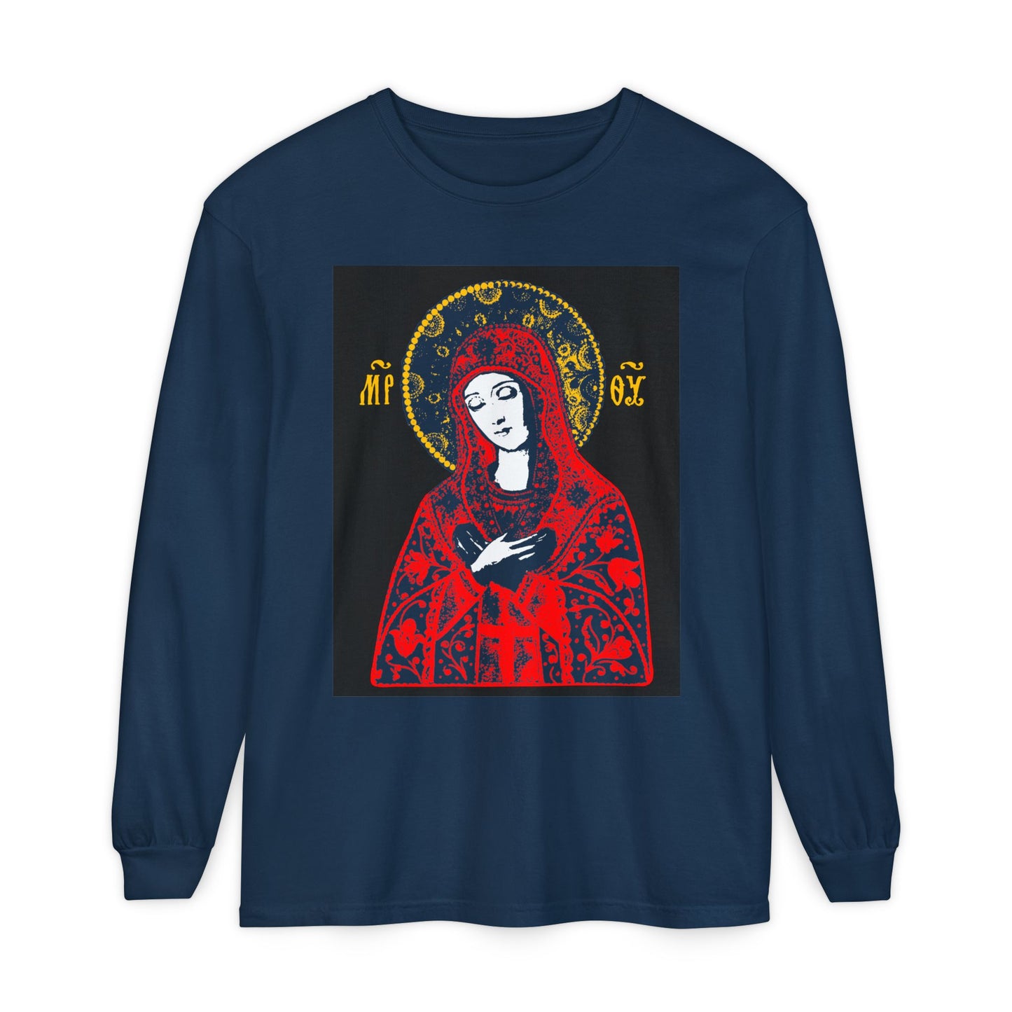 Joy of All Joys Tenderness Theotokos Iconographic Based on Traditional Orthodox Iconography | Red Design | Orthodox Christian Long Sleeve Shirt