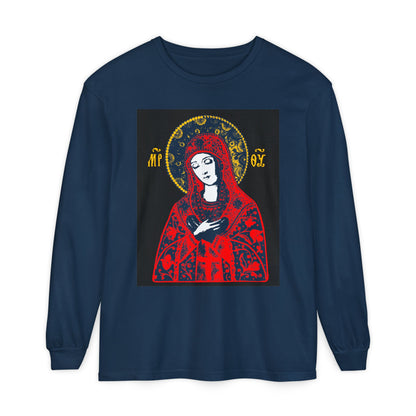 Joy of All Joys Tenderness Theotokos Iconographic Based on Traditional Orthodox Iconography | Red Design | Orthodox Christian Long Sleeve Shirt