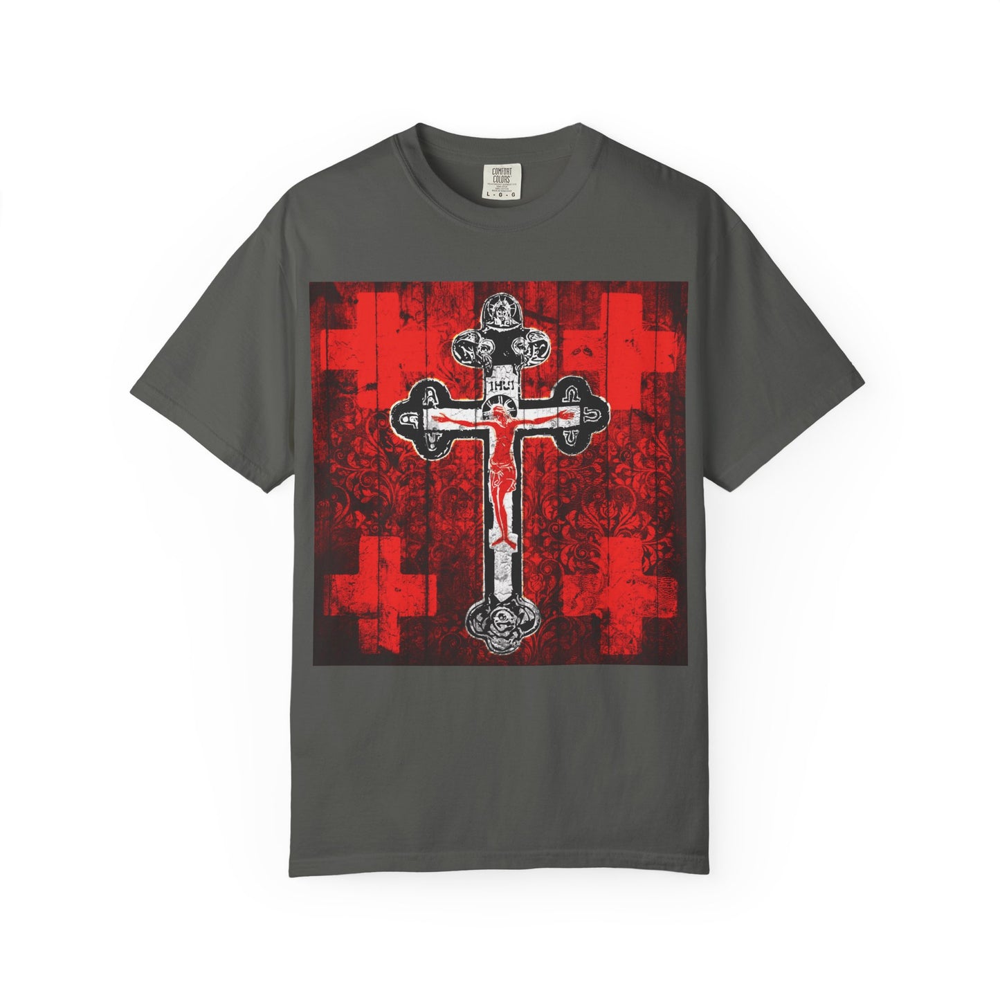 Pepper-colored Alpha & Omega Art Cross unisex heavyweight cotton tee, featuring a large ornate crucifix graphic on a red, white, and black background with four smaller crosses—an Orthodox iconographic design inspired by the Adoration of the Precious and Life-Giving Cross, a symbol often contemplated during Great Lent.