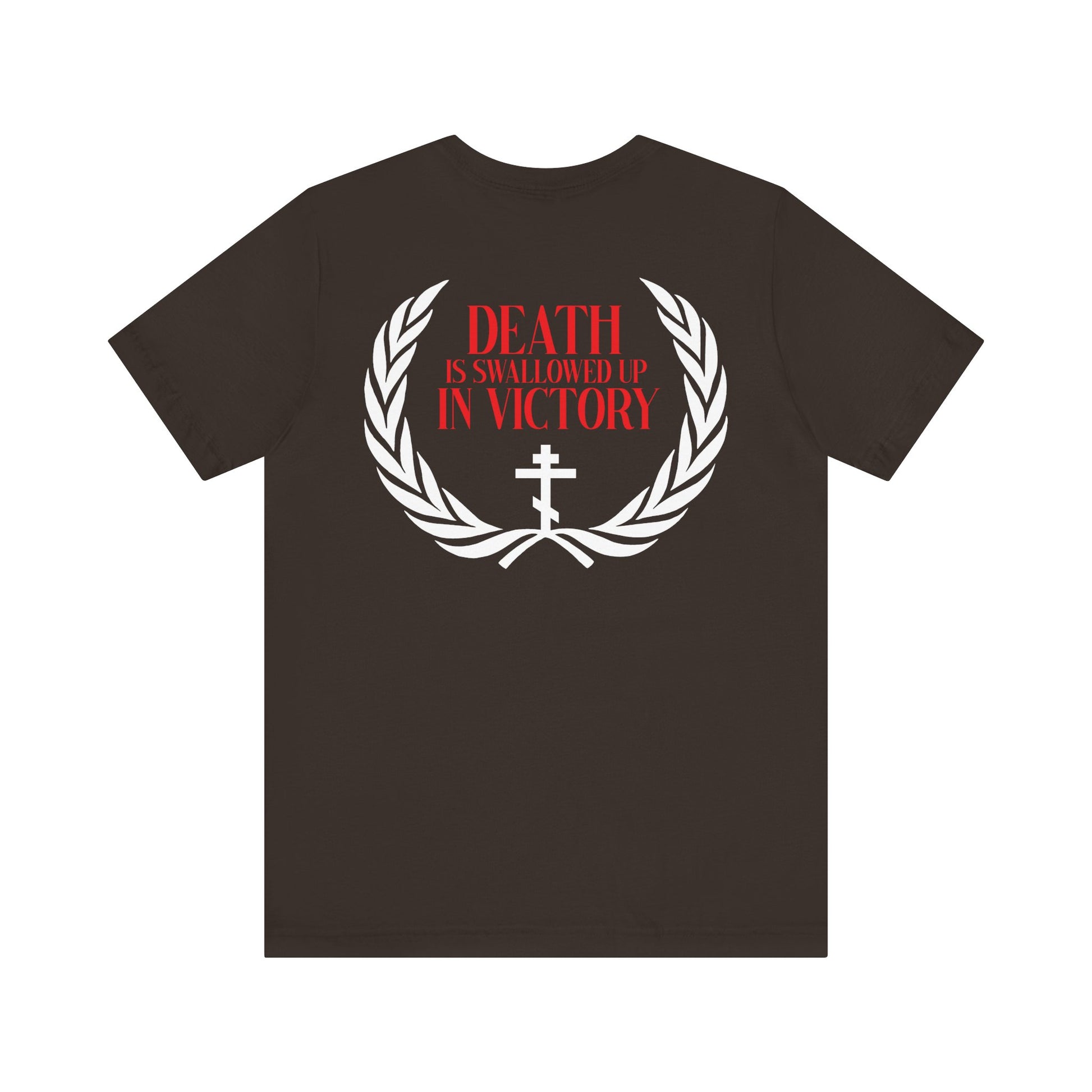 The "Archangel Michael of the Apocalypse Iconographic / Death is Swallowed Up In Victory" double-sided unisex t-shirt features a white laurel wreath, cross, and red “Death is swallowed up in victory” text, honoring Archangel Michael at Colossae.