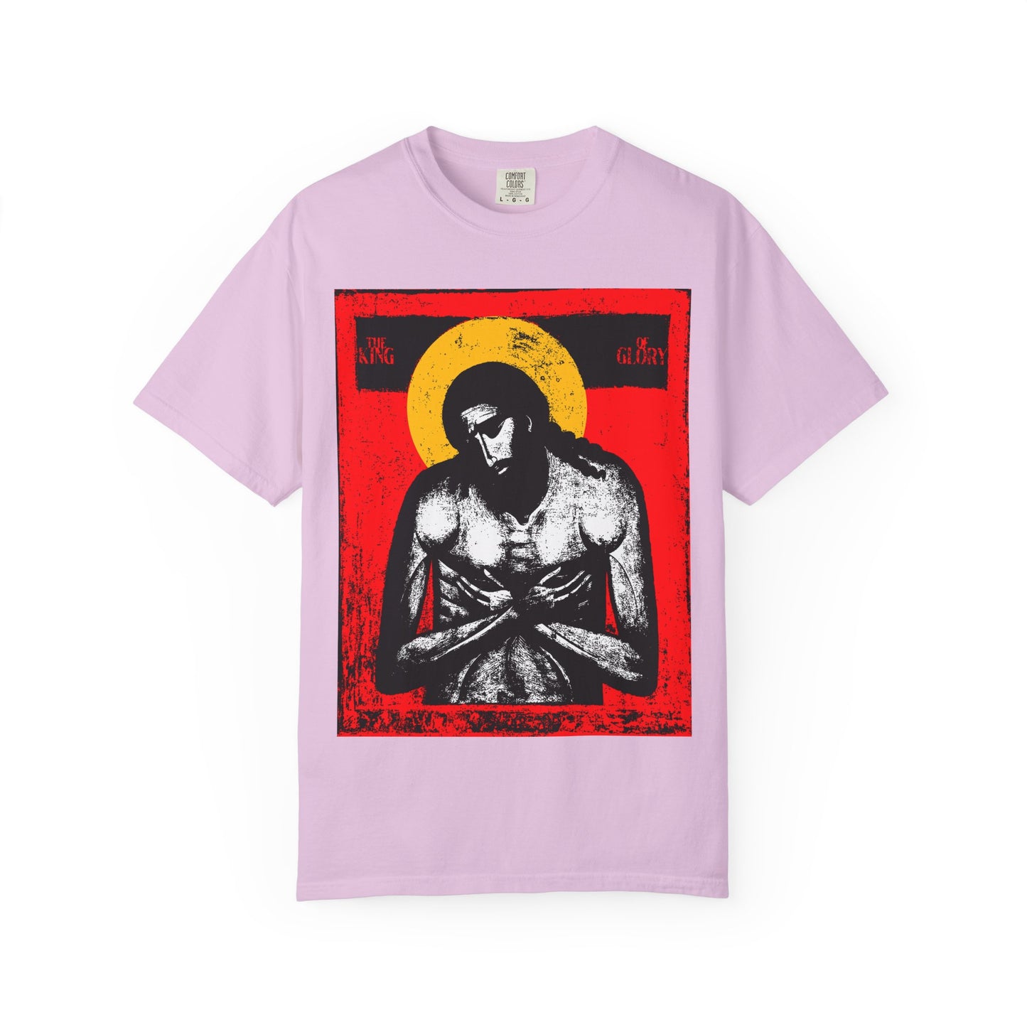 Orchid-colored “The King of Glory Jesus Christ ‘Extreme Humility’ IconoGraphic” tee, featuring abstract devotional art in red, yellow, white, and black—a modern nod to the sacrifice echoed in Isaiah 53.