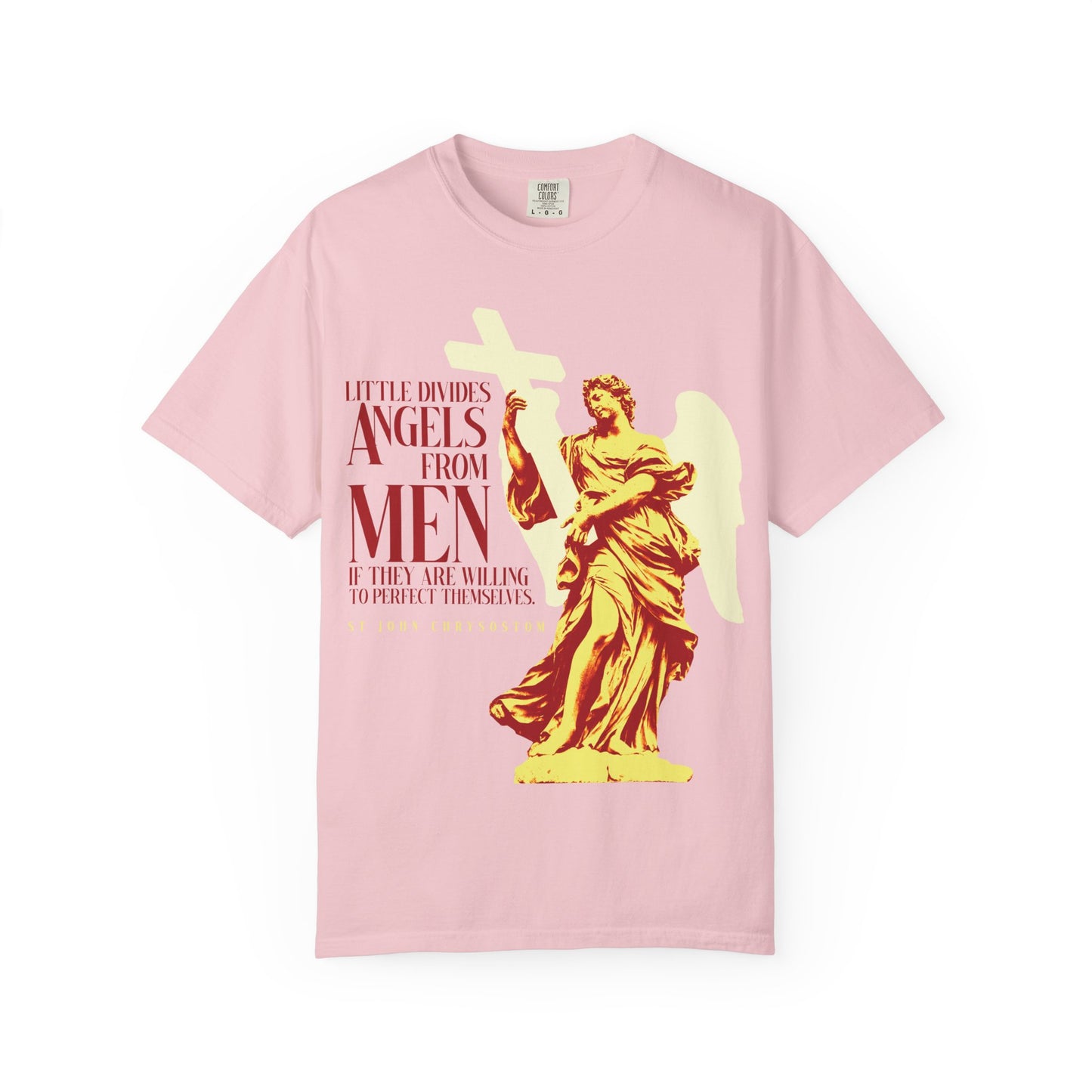 Blossom-colored heavyweight cotton unisex tee featuring the quote "Little divides angels from men if they are willing to perfect themselves" by St John Chrysostom—a meaningful Orthodox Christian statement on human nature and virtue.