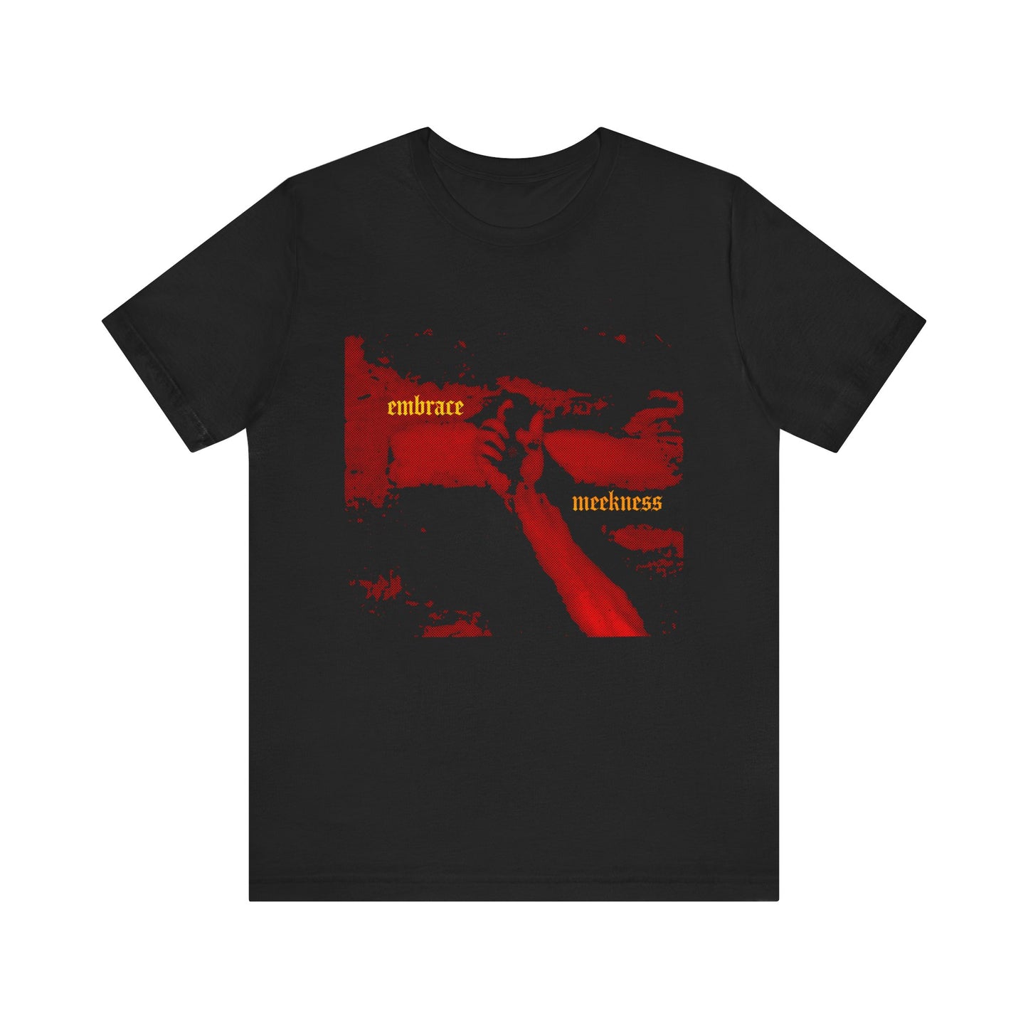 Black Embrace Meekness t-shirt features a red crucified hand graphic and yellow gothic text, inspired by The Ladder of Divine Ascent and the virtue of patience. Lightweight cotton unisex tee by Haltone Art.