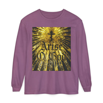Berry long-sleeve shirt featuring "Arise O God" in textured Gothic font, an Orthodox cross, and golden rays—drawing on the Divine Council worldview from Psalm 81 (82 LXX).