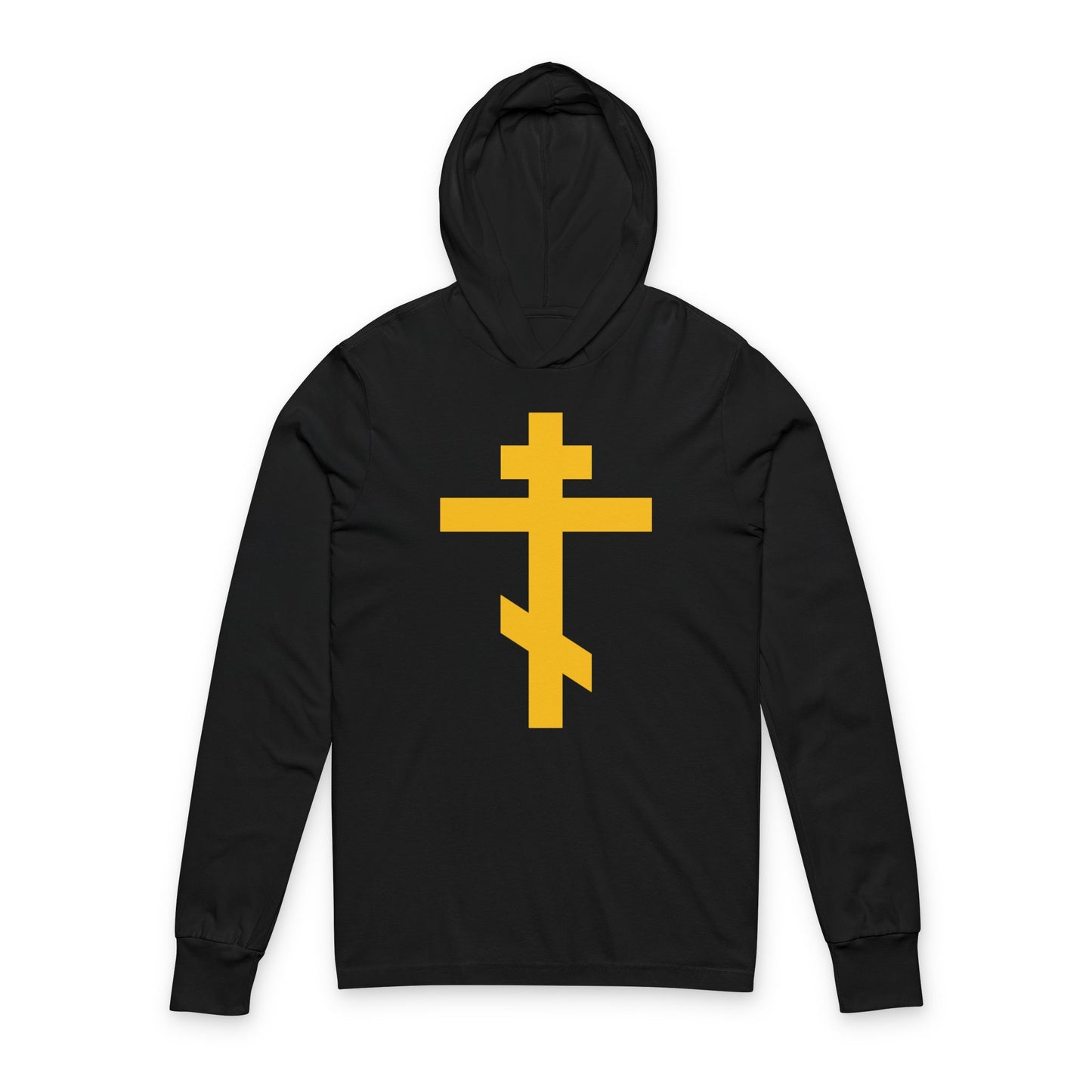Black hoodie with a large yellow Orthodox Cross on the front, inspired by Galatians 2:20. Features the message: "Precious and Life-Giving Weapon of Unseen Warfare | Scourge of Demons." Displayed on a plain white background.