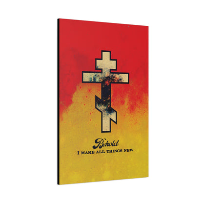 Behold, I Make All Things New (Revelation 21:5) | Cosmic Orthodox Cross on Red and Yellow Background | Orthodox Christian Canvas Art