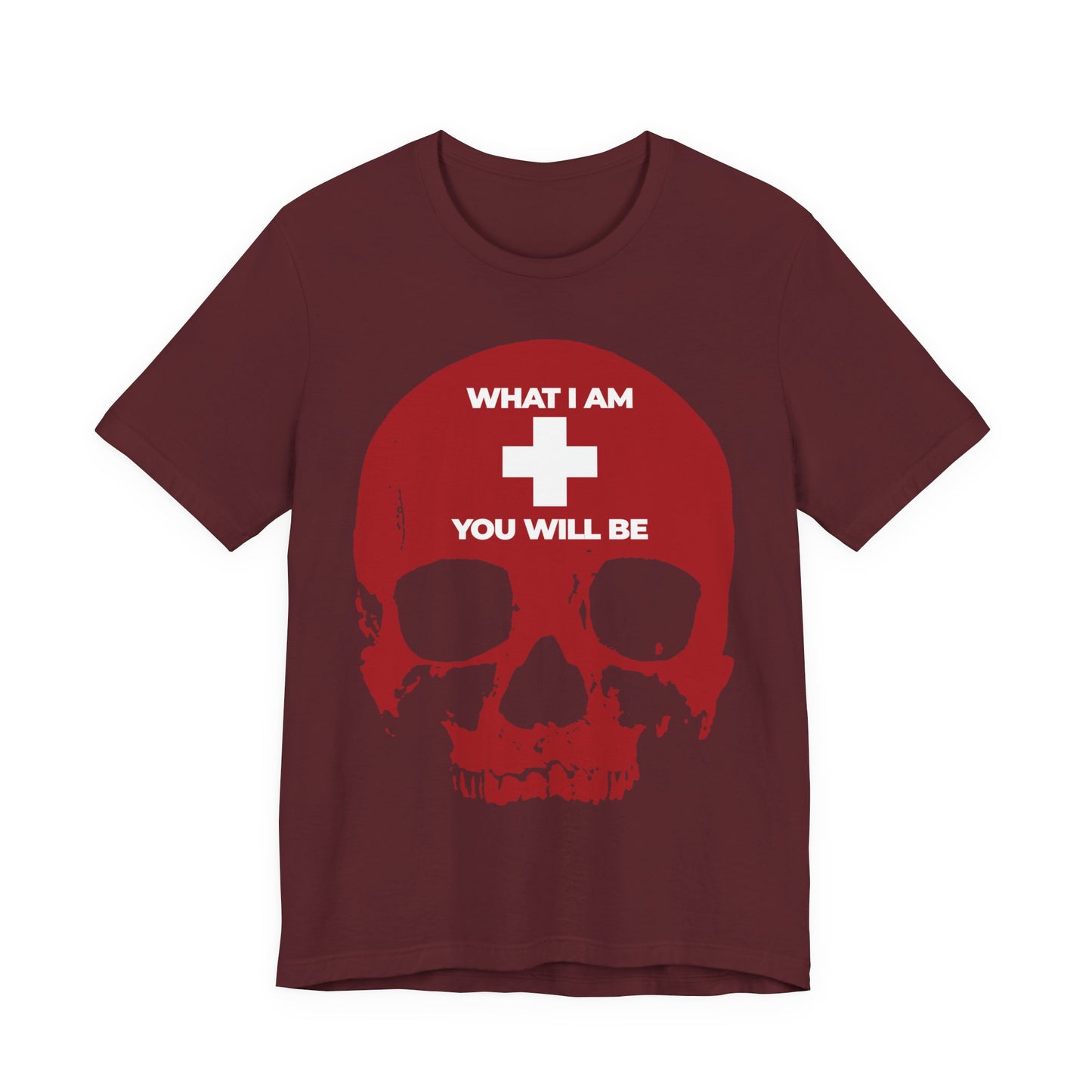 Introducing the maroon "What I Am You Will Be White Cross on Red Skull" lightweight cotton unisex tee—a Memento Mori design that boldly displays a large red skull and white cross, paired with the reflective message: WHAT I AM YOU WILL BE. Inspired by Orthodox Christian teachings and the wisdom of Ecclesiastes, this shirt offers preacher-like reminders of life’s impermanence.