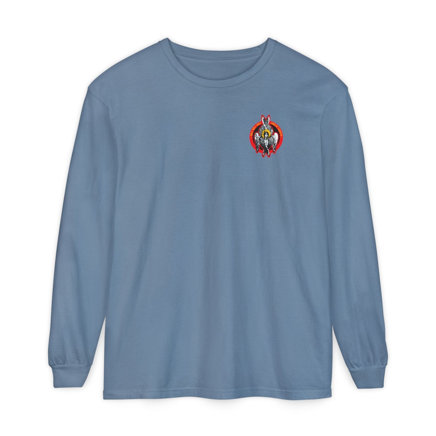 Blue Jean long sleeve cotton shirt featuring a small "Holy Holy Holy Seraphim Angel Icono-Graphic" on the left chest, inspired by heavenly hosts and Christian spirituality.