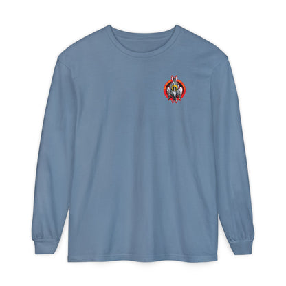 Blue Jean long sleeve cotton shirt featuring a small "Holy Holy Holy Seraphim Angel Icono-Graphic" on the left chest, inspired by heavenly hosts and Christian spirituality.
