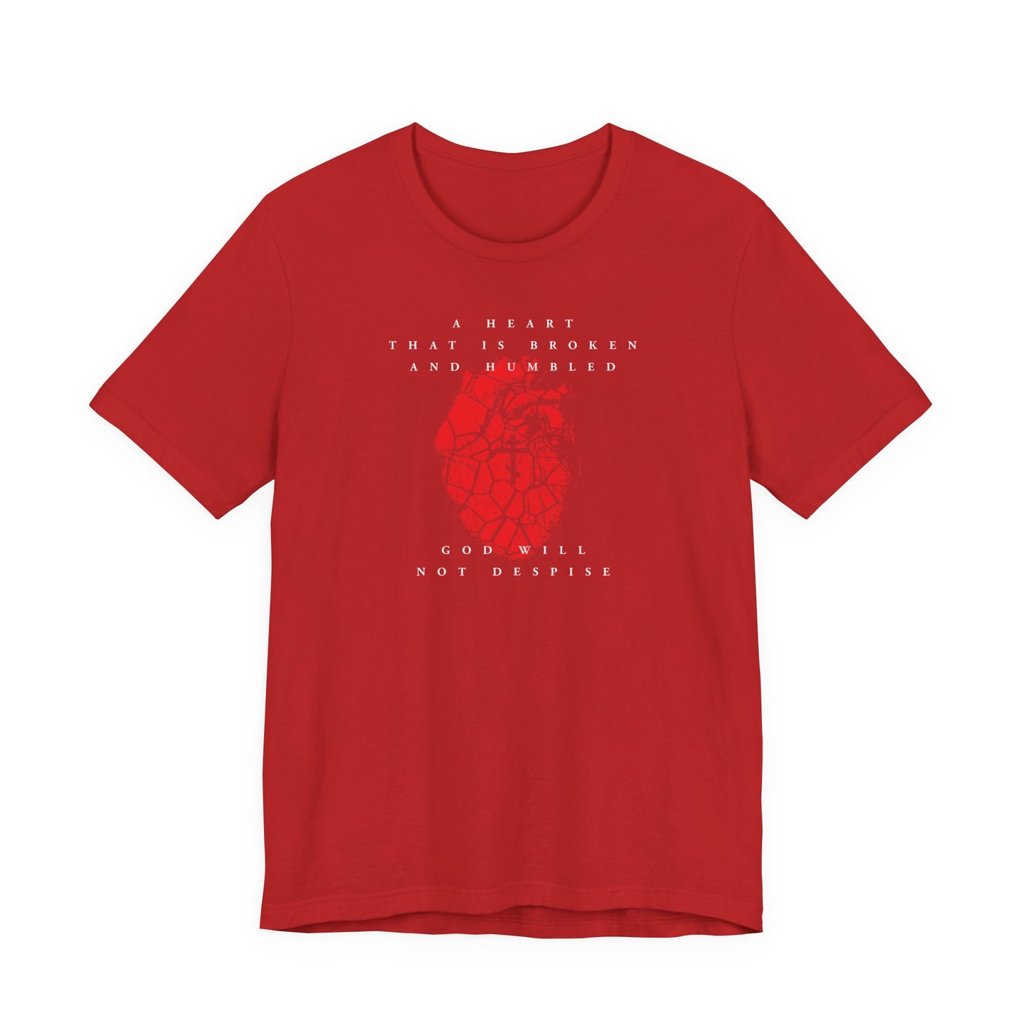 Red unisex cotton t-shirt with a cracked heart and Orthodox cross graphic, inspired by Psalm 50’s message of repentance: “A heart that is broken and humbled God will not despise.” Christian design.