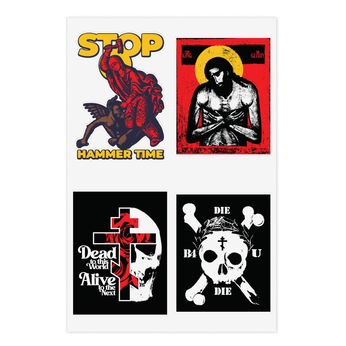 Random Mix No. 1 Four Sticker Sheet: Orthodox stickers featuring Jesus Christ, St Marina, and ascetic skull designs.