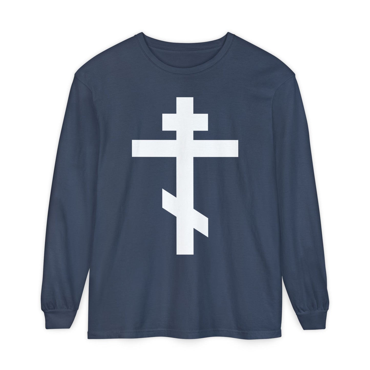 Navy long-sleeve shirt with a large white Orthodox cross, inspired by Gal 6:14—"May I never boast, except in the cross of our Lord Jesus Christ.