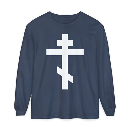 Navy long-sleeve shirt with a large white Orthodox cross, inspired by Gal 6:14—"May I never boast, except in the cross of our Lord Jesus Christ.