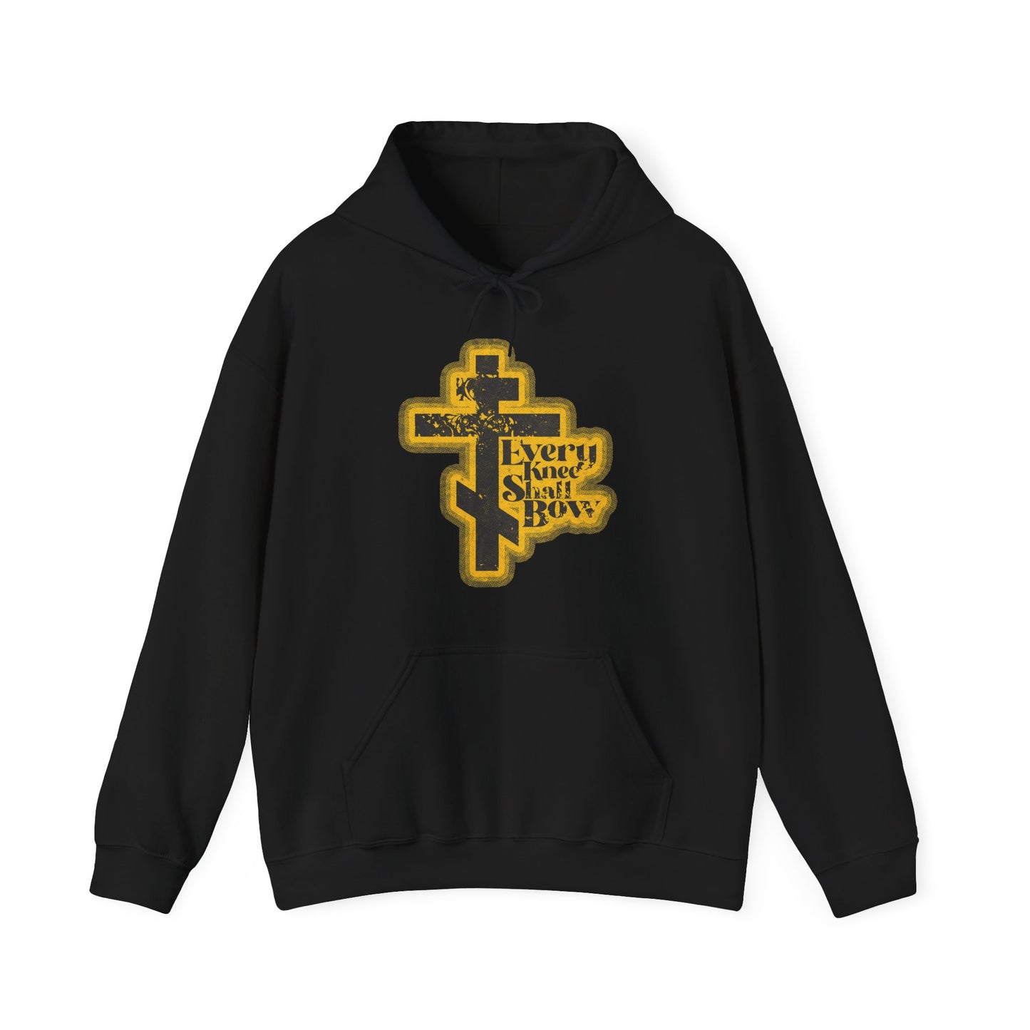 Black hoodie with a 70s distressed halftone comic aesthetic, gold Orthodox cross, and "Every Knee Shall Bow" text. Inspired by Philippians 2:10-11 and Isaiah 45:23. Orthodox Christian apparel.