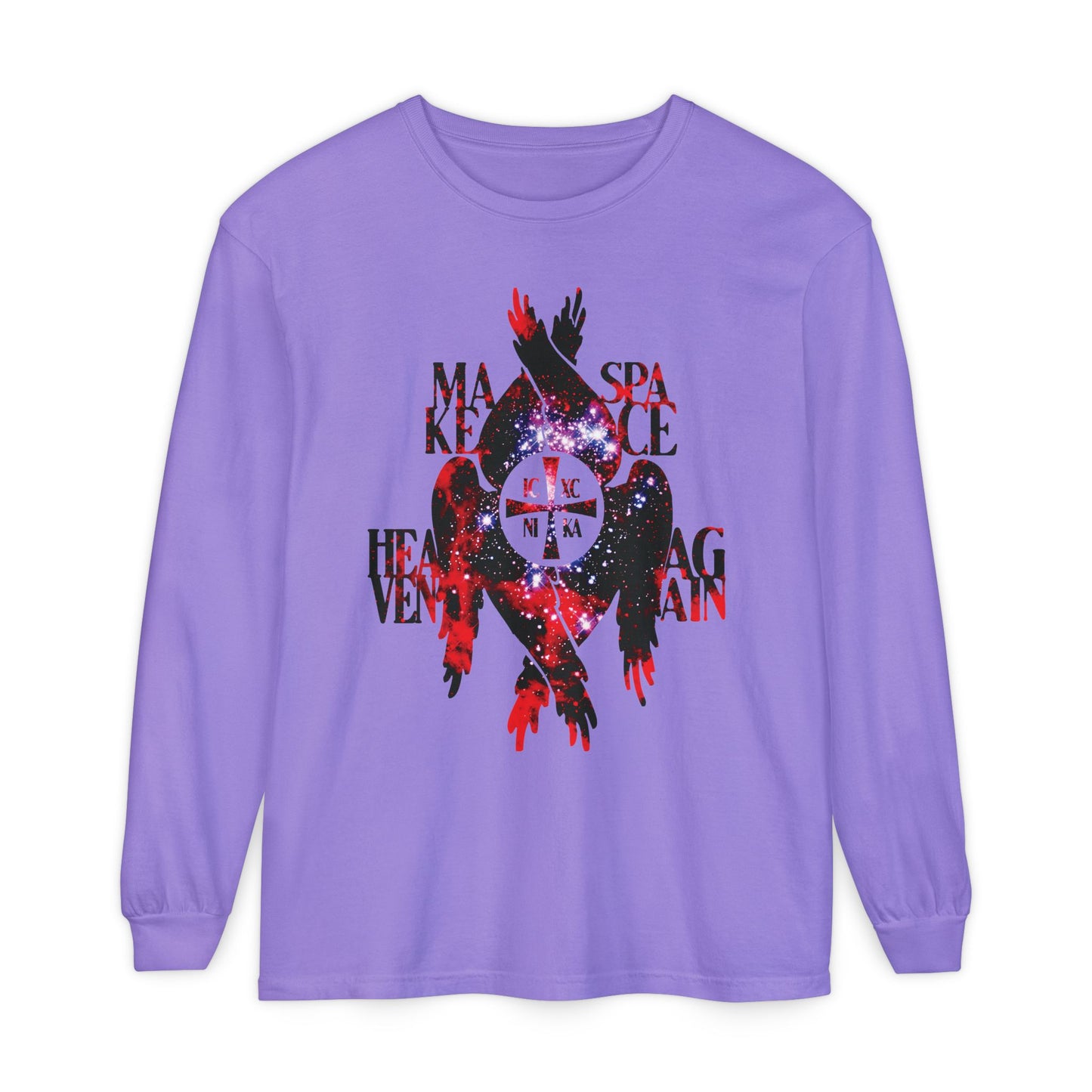Violet Make Space Heaven Again long-sleeve shirt featuring a cosmic ICXC NIKA cross, seraphim wings, abstract black and red design, and bold Orthodox Christian text inspired by the seven heavens.
