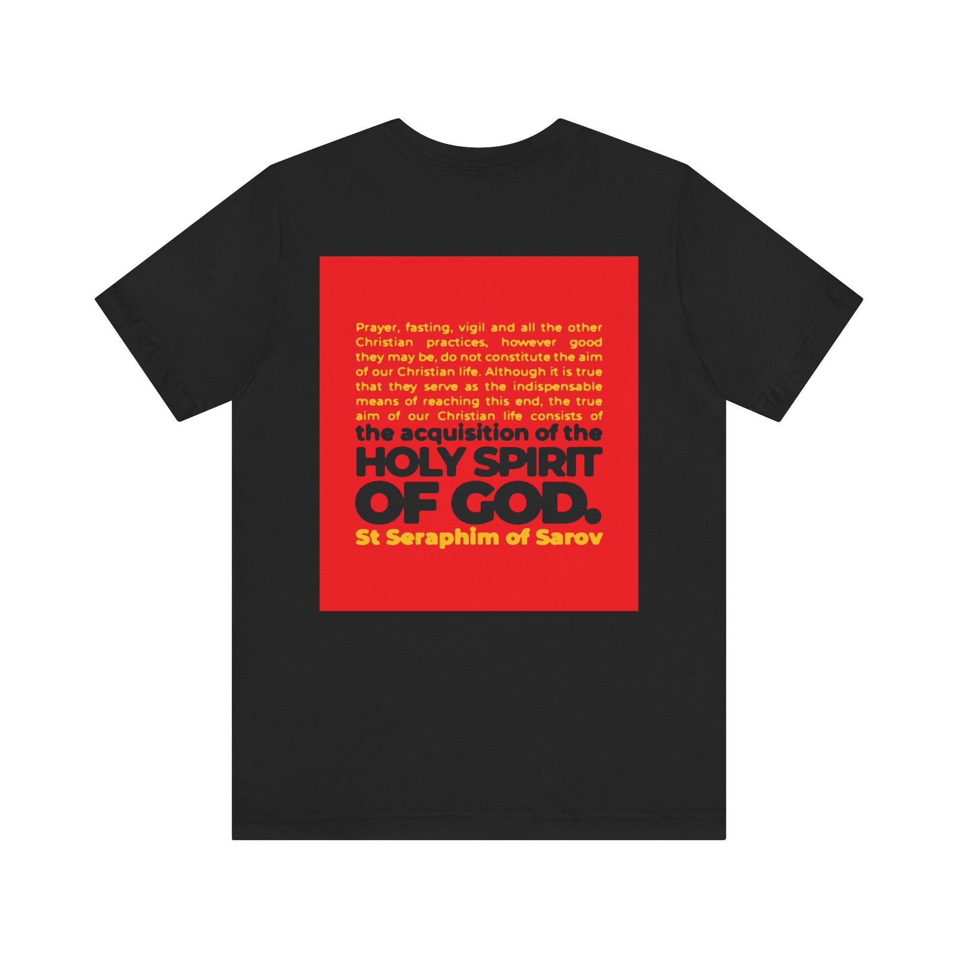 Black True Aim of Christian Life tee, lightweight cotton with a St Seraphim of Sarov quote on the back: “The acquisition of the Holy Spirit.” IconoGraphic Orthodox design. Unisex, 2-sided print.