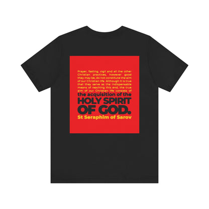 Black True Aim of Christian Life tee, lightweight cotton with a St Seraphim of Sarov quote on the back: “The acquisition of the Holy Spirit.” IconoGraphic Orthodox design. Unisex, 2-sided print.