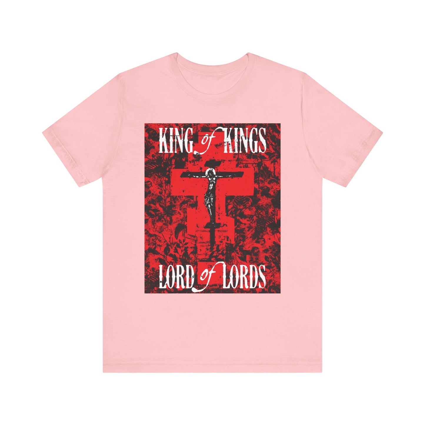 King of Kings, Lord of Lords | Christ Crucified Icono-Graphic | Red Cross Nature Texture w/ White Text | Lightweight Cotton Unisex Tee