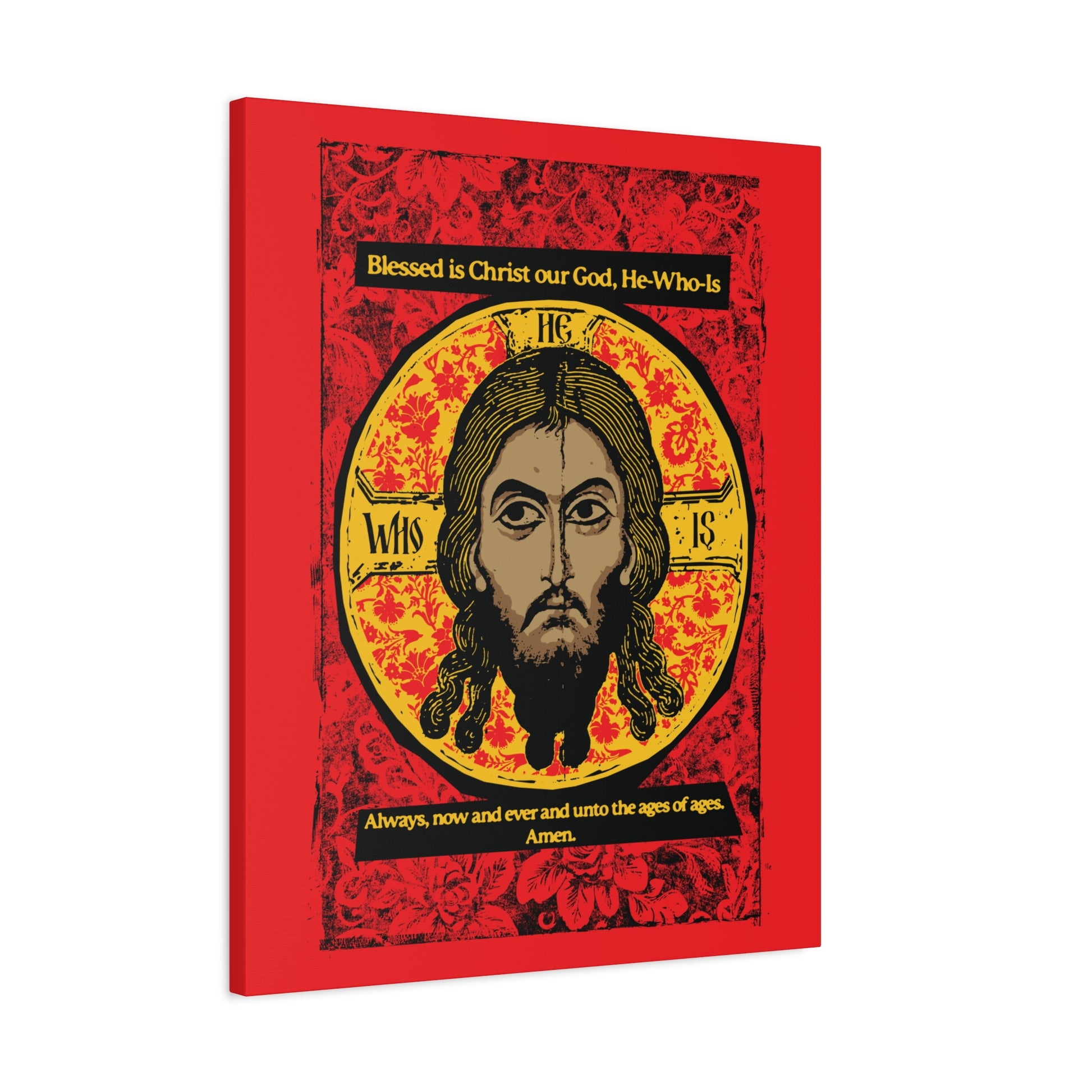 The "Made Without Hands" canvas by Remembrance of Death features Christ’s face in a yellow halo with “He Who Is” text and a red floral background, inspired by Orthodox hymns, plus "Blessed is Christ our God" above and a prayer ending with Amen below.
