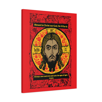 The "Made Without Hands" canvas by Remembrance of Death features Christ’s face in a yellow halo with “He Who Is” text and a red floral background, inspired by Orthodox hymns, plus "Blessed is Christ our God" above and a prayer ending with Amen below.