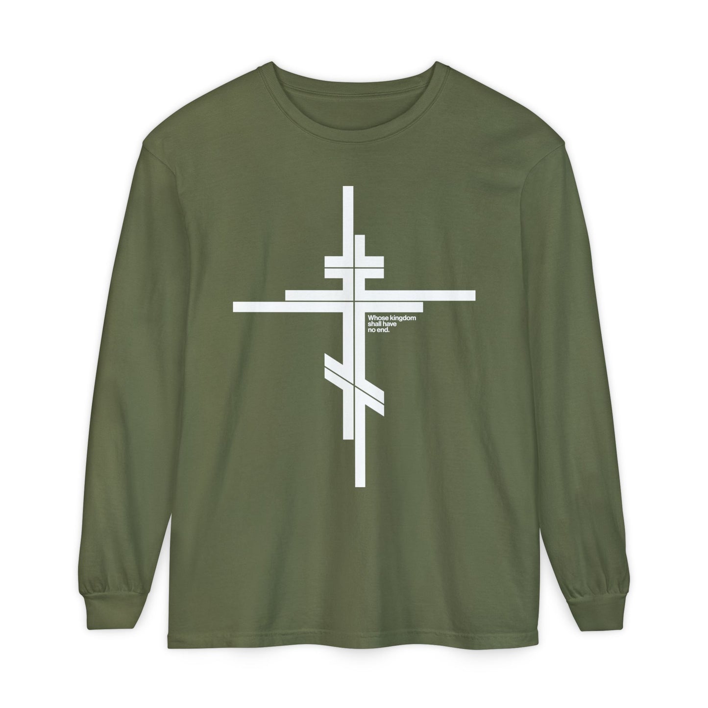 Whose Kingdom Shall Have No End | Luke 1:32-33 | Orthodox Cross | Modernist Minimalist Logo Style | Orthodox Long Sleeve Cotton Shirt