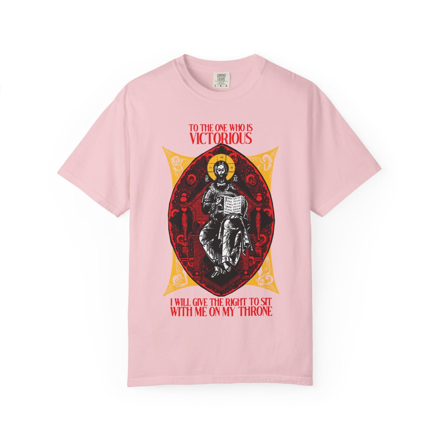 Blossom pink "Christ is King, Enthroned In Glory IconoGraphic" heavyweight cotton tee features a religious icon and "To the One Who Is Victorious" (Rev 3:21), inspired by the promise to reign with Christ. Orthodox Christian unisex design.