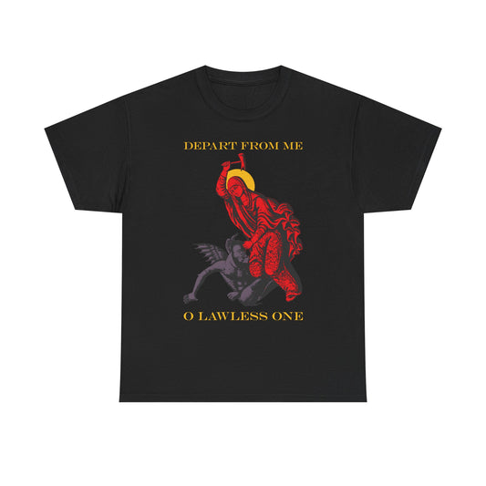 St Marina IconoGraphic (Depart from Me O Lawless One) | Saint Beating the Devil with a Hammer | Orthodox Christian Heavy Cotton T-Shirt