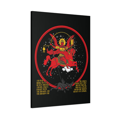 Archangel Michael of the Apocalypse Icono-Graphic canvas art depicts him on a red horse battling Satan as a dragon, with gold and white Revelation 12:7-9 text below. Christian wall decor: "War in Heaven – Satan Cast Out.