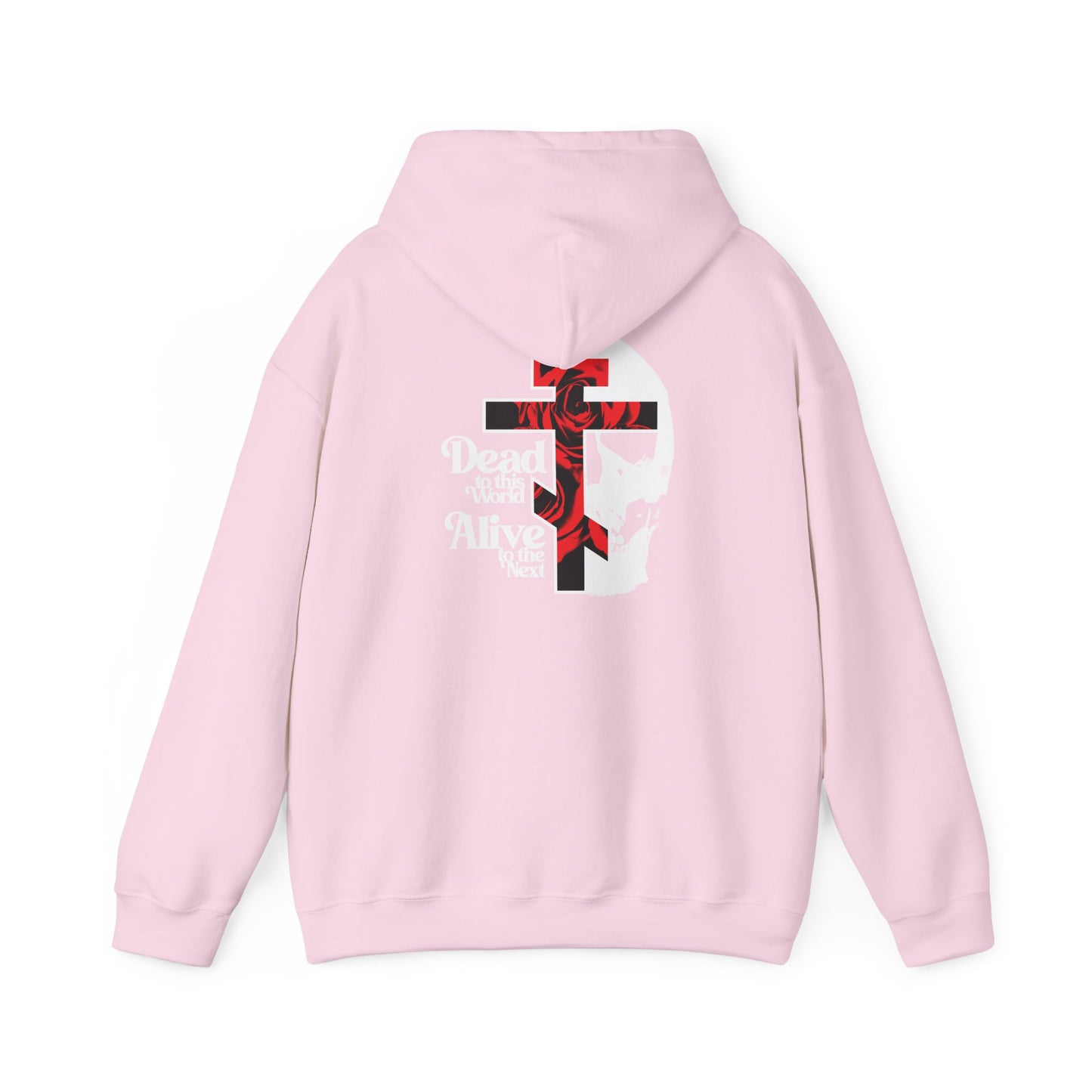 Light Pink “Dead to this World” BACK DESIGN Orthodox Christian Hoodie featuring a bold cross, skull, red roses, and 70s typography with the phrase “Dead to World, Alive With Christ” on the back—a bestselling design inspired by The Ladder of Divine Ascent that proclaims Christian renunciation and holy dispassion.