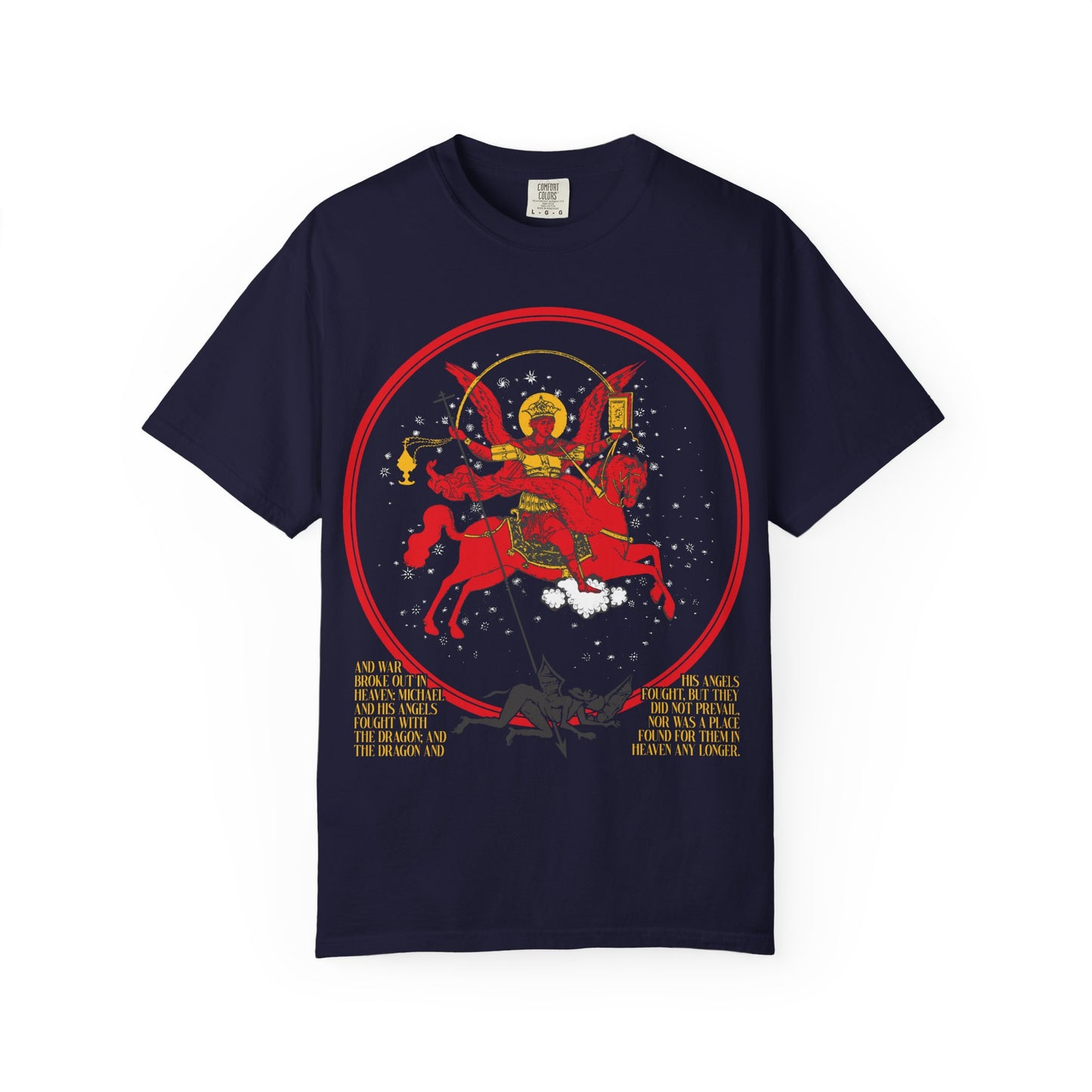 Archangel Michael of the Apocalypse Icono-Graphic | War in Heaven (Rev 12:7-9) | Satan Cast Out | Heavyweight Cotton Unisex T-Shirt