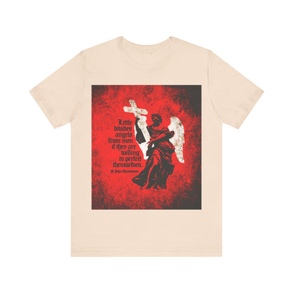 Soft cream T-shirt featuring a textured cemetery angel graphic, St John Chrysostom’s quote “Little Divides Angels from Men” on Christian perfection, in gothic font. Orthodox Christian apparel.