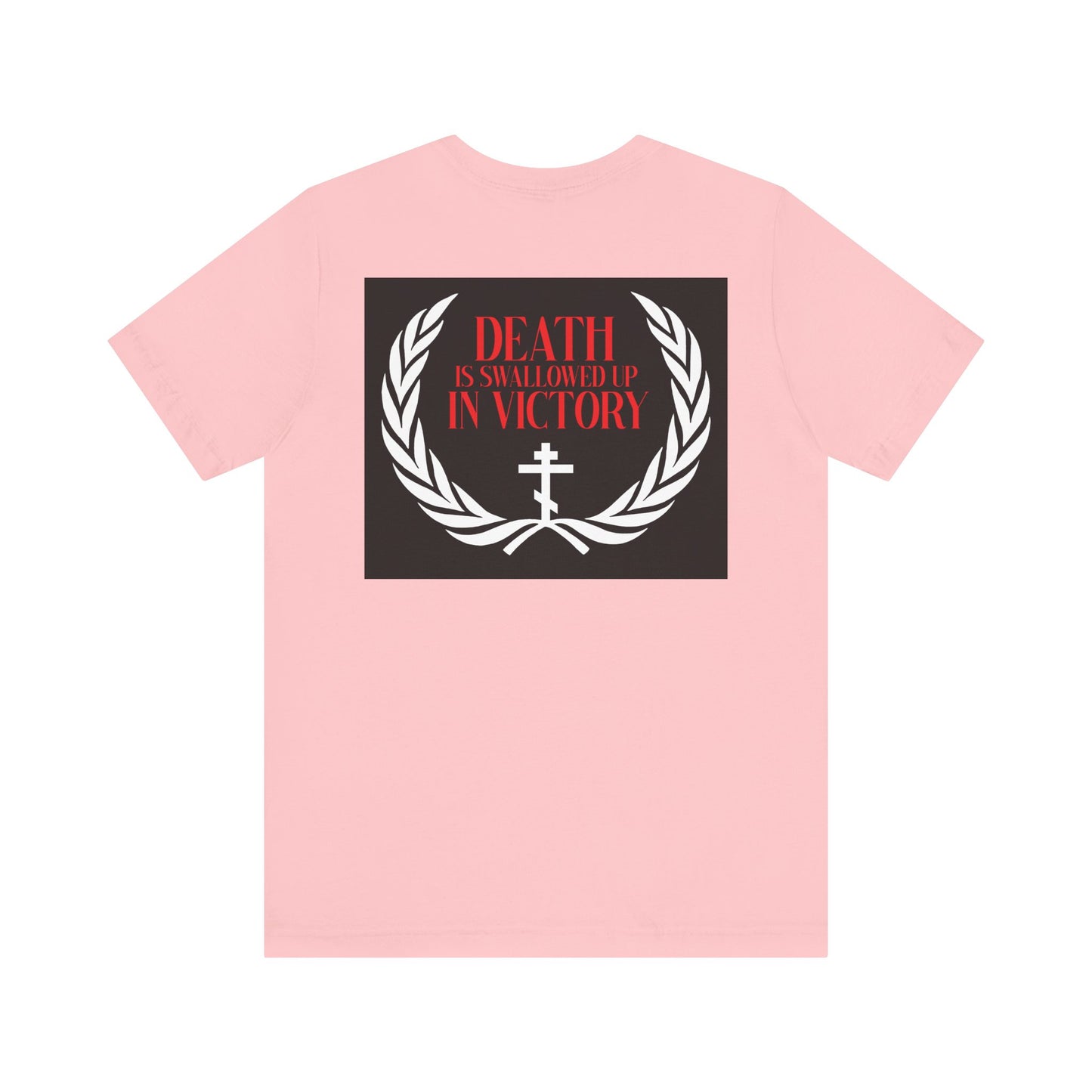 The Archangel Michael of the Apocalypse Iconographic / Death is Swallowed Up In Victory double-sided pink cotton tee features a laurel wreath, cross, and red text, honoring Michael's triumph in Revelation 12:7-9.