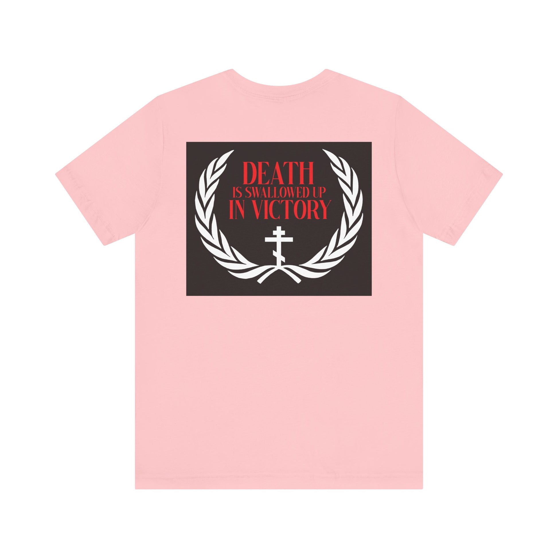 The Archangel Michael of the Apocalypse Iconographic / Death is Swallowed Up In Victory double-sided pink cotton tee features a laurel wreath, cross, and red text, honoring Michael's triumph in Revelation 12:7-9.