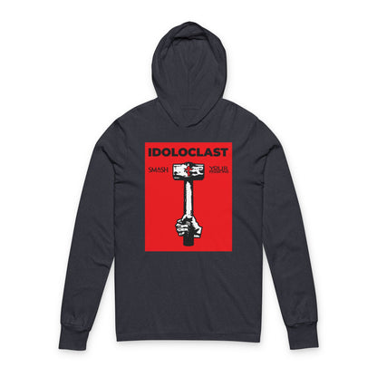 Heather navy hooded shirt featuring a red background with the Jesus NIKA fist holding a sledgehammer and "Idoloclast Idol-Smasher—Smash Your Passions." Embrace Christian asceticism and Orthodox inspiration.