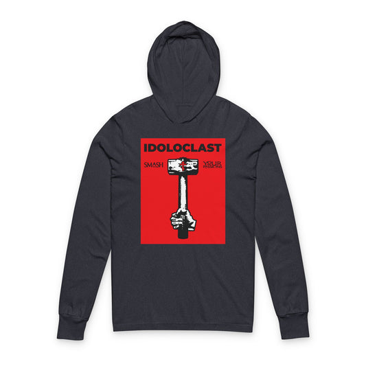 Heather navy hooded shirt featuring a red background with the Jesus NIKA fist holding a sledgehammer and "Idoloclast Idol-Smasher—Smash Your Passions." Embrace Christian asceticism and Orthodox inspiration.