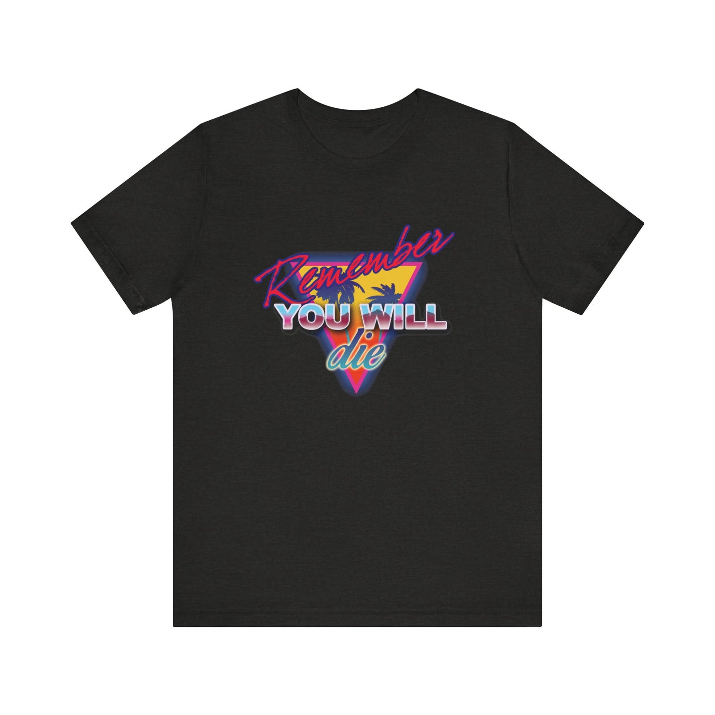 The Remember You Will Die Palm Tree 80s Retro Synthwave Style tee is a black heather, lightweight cotton unisex shirt featuring colorful text and a nostalgic Orthodox Christian graphic inspired by the Ladder of Divine Ascent.