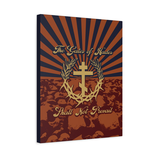 The Gates of Hades Shall Not Prevail | Cross with Wreath & Crown of Thorns | Skulls and Rays | Orthodox Christian Canvas Art