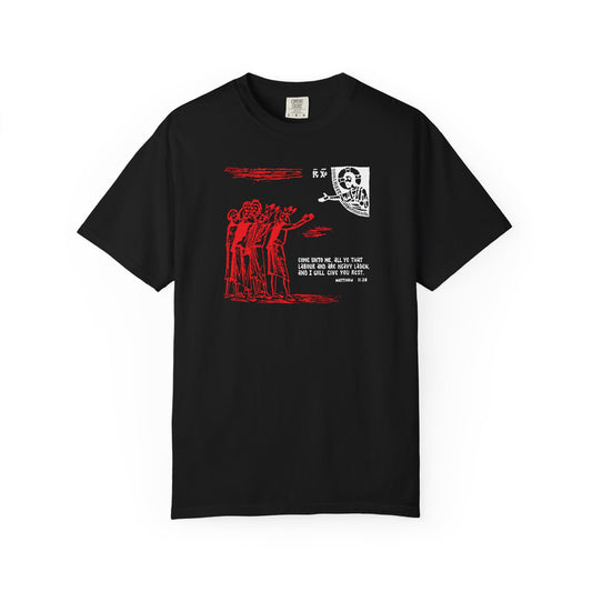 Black “Come Unto Me All Ye That Labour & Are Heavy Laden (Matt. 11:28)” heavyweight cotton unisex tee featuring red and white icono-graphic drawings of skeletons and figures, along with text on the front, inspired by St Cyril of Alexandria’s reflections on the divine nature and our calling to partake in the Holy Spirit.