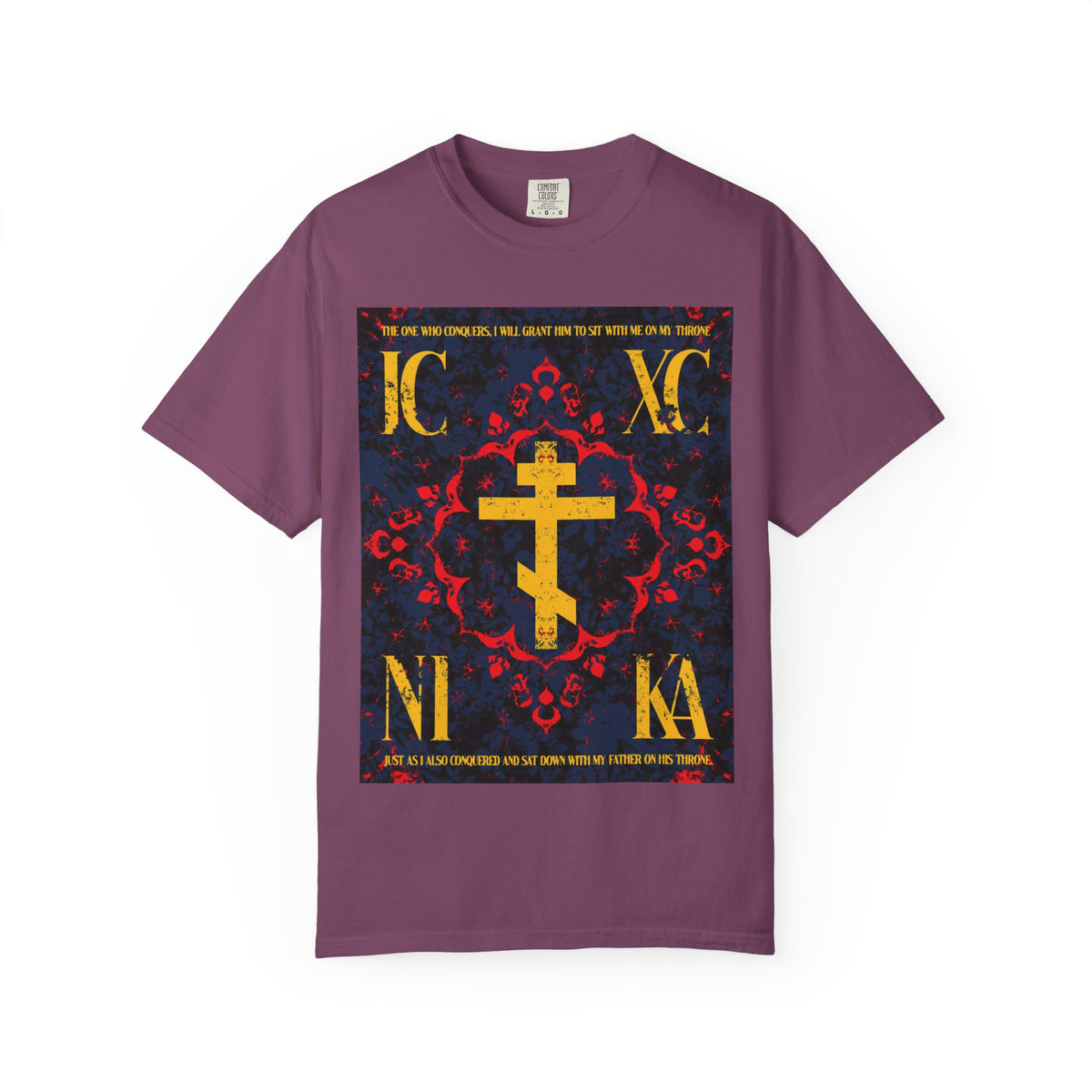 Berry-colored IC XC NIKA Orthodox Cross t-shirt featuring a medieval floral design in gold, red, and blue on the front—beautifully symbolizing the grace of God. Inspired by “The One Who Conquers” (Revelation 3:21), this heavyweight cotton unisex tee blends powerful symbolism with vibrant color.
