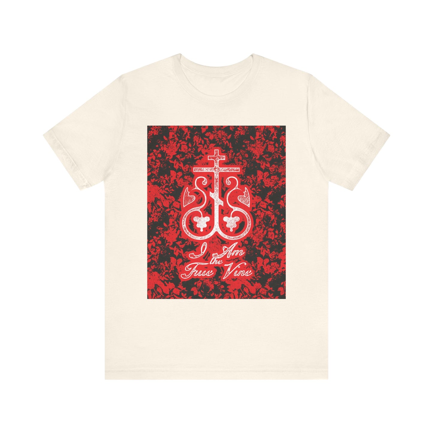 Natural-colored unisex tee with a red and black Orthodox Cross vine monogram and floral design, featuring "I Am the True Vine" (John 15:1) to inspire bearing fruit in daily life.