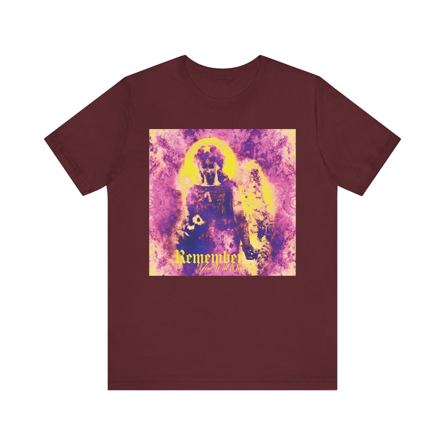 Maroon Orthodox Christian lightweight cotton T-shirt featuring a pastel goth psychedelic cemetery angel graphic and the phrase "Remember You Will Die" on the front, inspired by themes of prayer and protection.