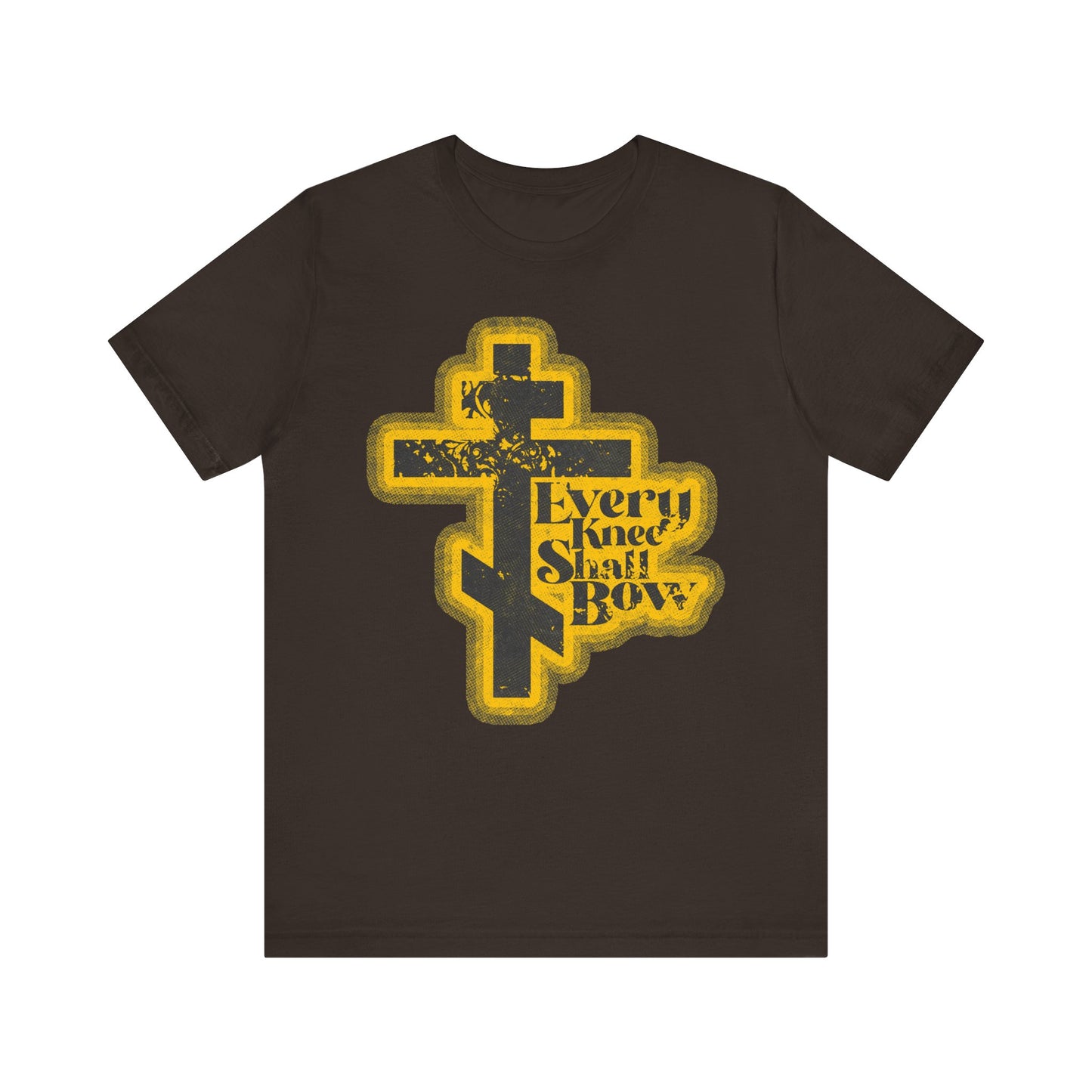 Brown lightweight cotton unisex tee featuring a yellow Orthodox cross and "Every Knee Shall Bow" in 70s distressed halftone comic book style, inspired by Philippians 2:10-11 and Isaiah 45:23.