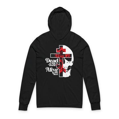 Dead to this World Alive to the Next | Goth Aesthetic Flower Cross & Skull | 70s Typography | Bestselling | Orthodox Long Sleeve Hooded Shirt