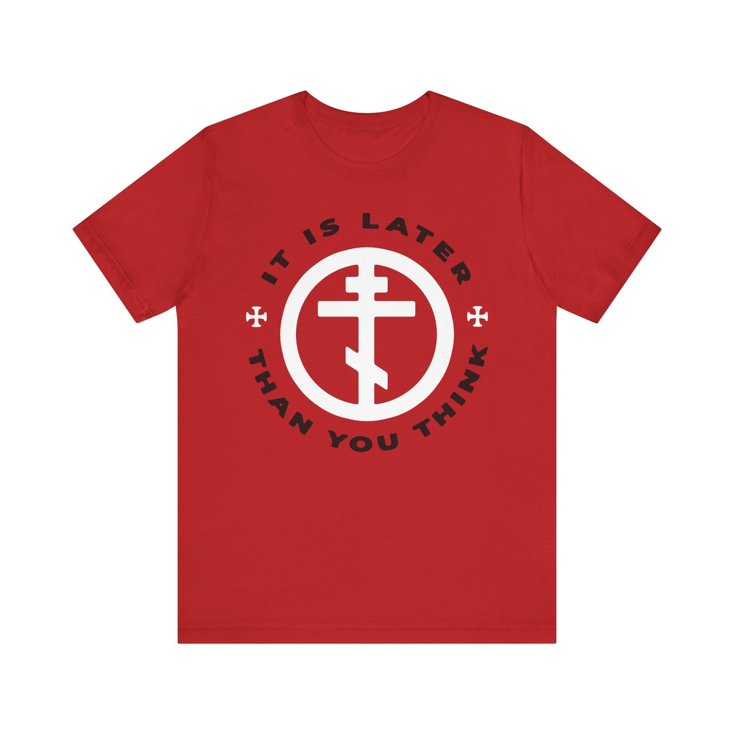 Red "It Is Later Than You Think" Fr Seraphim Rose Orthodox Lightweight Cotton Unisex Tee featuring a white symbol and black text encircling the design, inspired by the American saint's teachings on casting off darkness and embracing the armor of light.